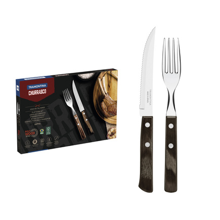 Jogo de Talheres para Churrasco Tramontina em Aço Inox com Cabo Castanho Polywood 12 Peças